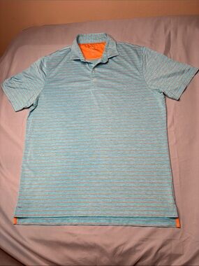 johnnie-O Aqua Green Baja Orange Striped Performance Polo Shirt Size L UPF 50